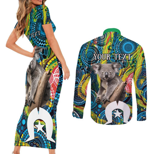 Personalised Vivid Minimal Koala Couples Matching Short Sleeve Bodycon Dress and Long Sleeve Button Shirt NAIDOC 2024 Aboriginal Art Style No2