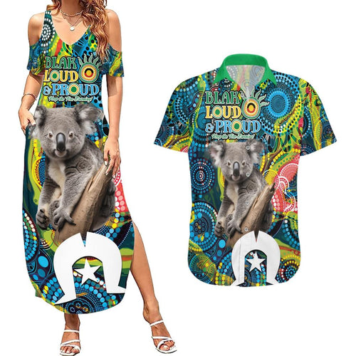Personalised Vivid Minimal Koala Couples Matching Summer Maxi Dress and Hawaiian Shirt NAIDOC 2024 Aboriginal Art Style No2