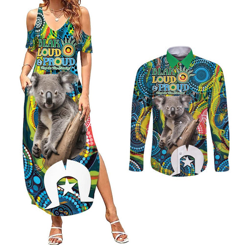 Personalised Vivid Minimal Koala Couples Matching Summer Maxi Dress and Long Sleeve Button Shirt NAIDOC 2024 Aboriginal Art Style No2