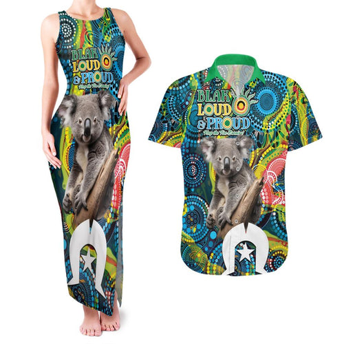 Personalised Vivid Minimal Koala Couples Matching Tank Maxi Dress and Hawaiian Shirt NAIDOC 2024 Aboriginal Art Style No2