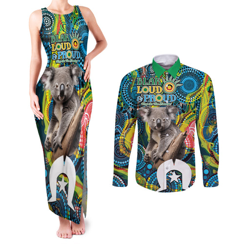 Personalised Vivid Minimal Koala Couples Matching Tank Maxi Dress and Long Sleeve Button Shirt NAIDOC 2024 Aboriginal Art Style No2