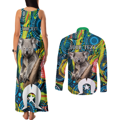 Personalised Vivid Minimal Koala Couples Matching Tank Maxi Dress and Long Sleeve Button Shirt NAIDOC 2024 Aboriginal Art Style No2