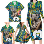 Personalised Vivid Minimal Koala Family Matching Long Sleeve Bodycon Dress and Hawaiian Shirt NAIDOC 2024 Aboriginal Art Style No2