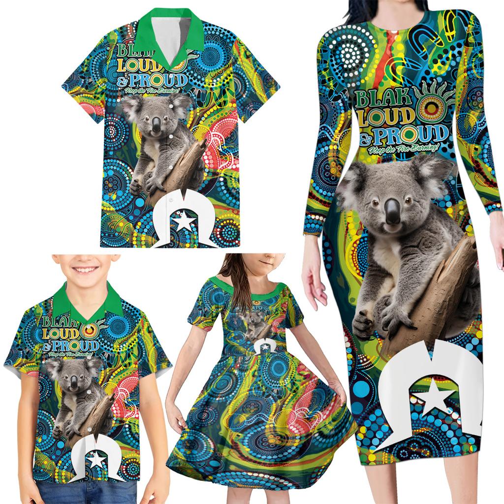 Personalised Vivid Minimal Koala Family Matching Long Sleeve Bodycon Dress and Hawaiian Shirt NAIDOC 2024 Aboriginal Art Style No2