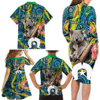 Personalised Vivid Minimal Koala Family Matching Long Sleeve Bodycon Dress and Hawaiian Shirt NAIDOC 2024 Aboriginal Art Style No2