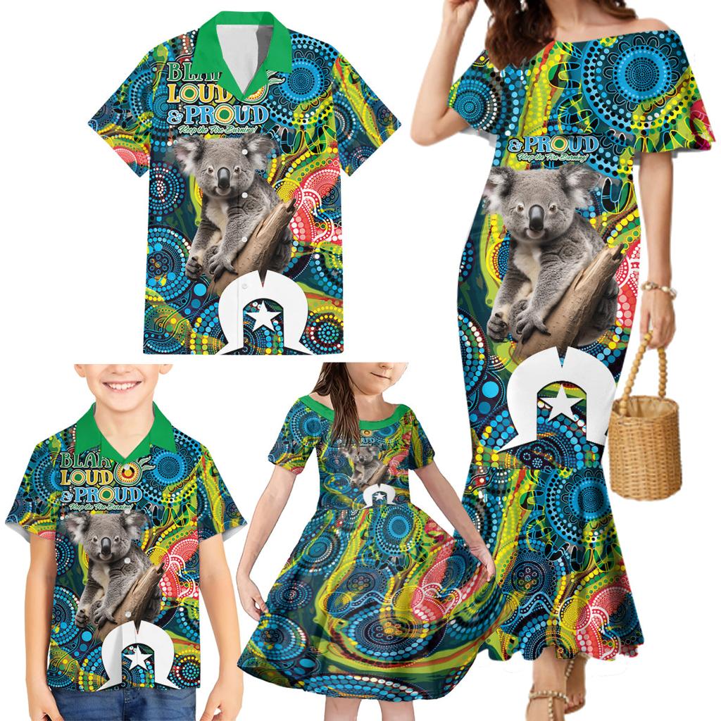 Personalised Vivid Minimal Koala Family Matching Mermaid Dress and Hawaiian Shirt NAIDOC 2024 Aboriginal Art Style No2