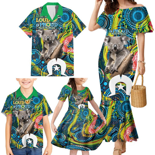 Personalised Vivid Minimal Koala Family Matching Mermaid Dress and Hawaiian Shirt NAIDOC 2024 Aboriginal Art Style No2