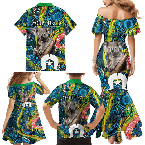 Personalised Vivid Minimal Koala Family Matching Mermaid Dress and Hawaiian Shirt NAIDOC 2024 Aboriginal Art Style No2