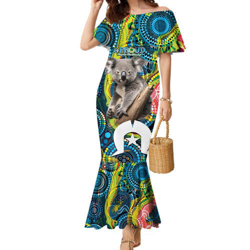 Personalised Vivid Minimal Koala Family Matching Mermaid Dress and Hawaiian Shirt NAIDOC 2024 Aboriginal Art Style No2