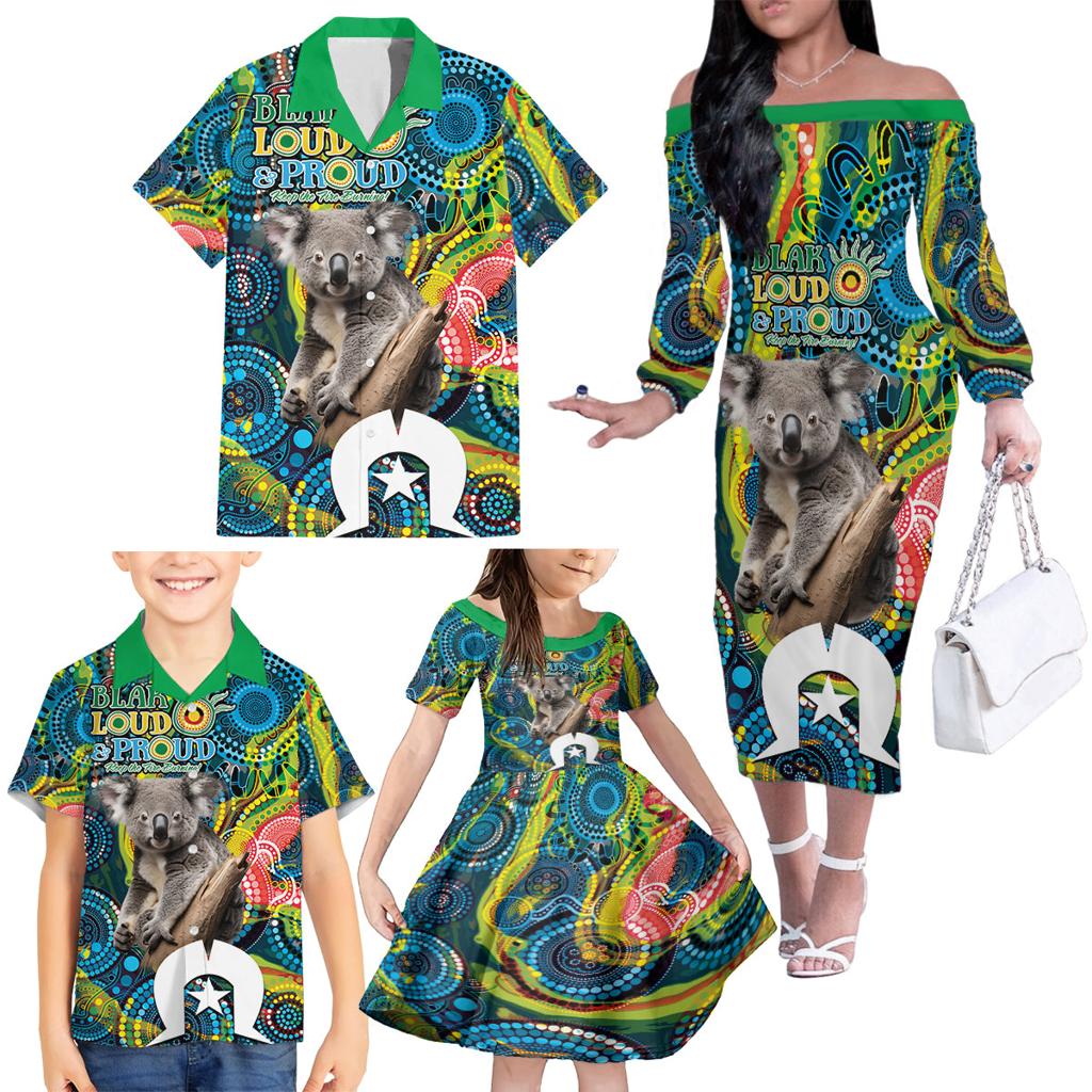 Personalised Vivid Minimal Koala Family Matching Off The Shoulder Long Sleeve Dress and Hawaiian Shirt NAIDOC 2024 Aboriginal Art Style No2
