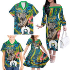 Personalised Vivid Minimal Koala Family Matching Off The Shoulder Long Sleeve Dress and Hawaiian Shirt NAIDOC 2024 Aboriginal Art Style No2