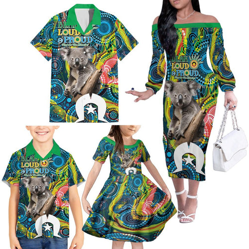 Personalised Vivid Minimal Koala Family Matching Off The Shoulder Long Sleeve Dress and Hawaiian Shirt NAIDOC 2024 Aboriginal Art Style No2