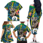 Personalised Vivid Minimal Koala Family Matching Off The Shoulder Long Sleeve Dress and Hawaiian Shirt NAIDOC 2024 Aboriginal Art Style No2