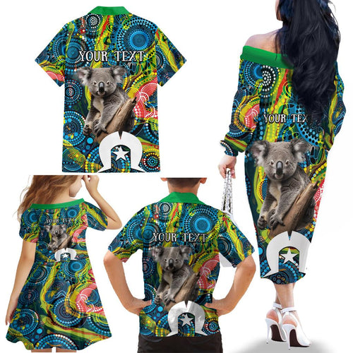 Personalised Vivid Minimal Koala Family Matching Off The Shoulder Long Sleeve Dress and Hawaiian Shirt NAIDOC 2024 Aboriginal Art Style No2