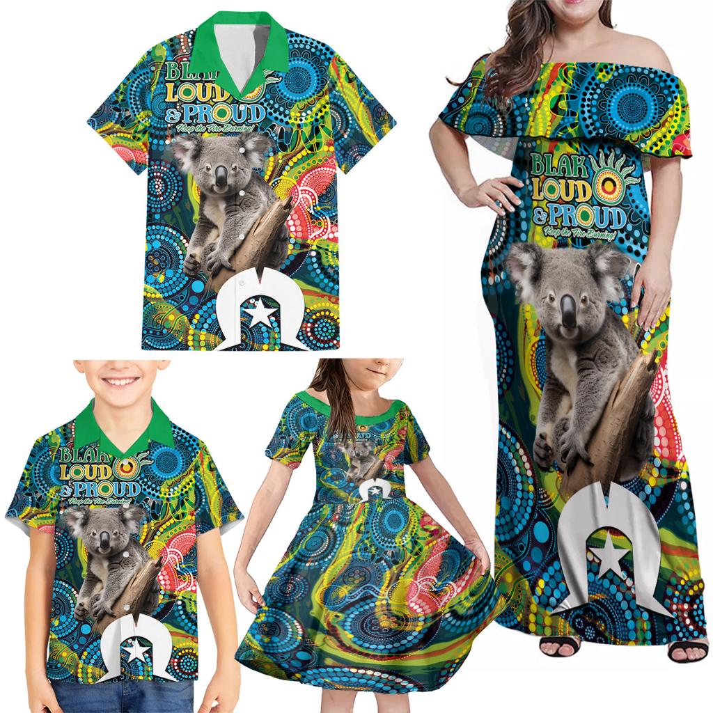 Personalised Vivid Minimal Koala Family Matching Off Shoulder Maxi Dress and Hawaiian Shirt NAIDOC 2024 Aboriginal Art Style No2