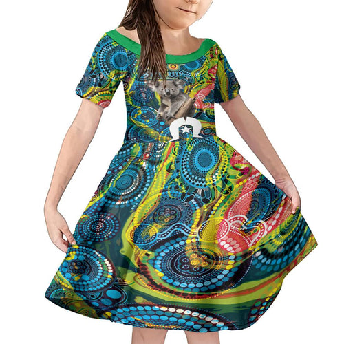 Personalised Vivid Minimal Koala Family Matching Off Shoulder Maxi Dress and Hawaiian Shirt NAIDOC 2024 Aboriginal Art Style No2