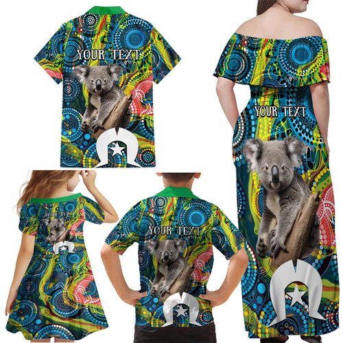 Personalised Vivid Minimal Koala Family Matching Off Shoulder Maxi Dress and Hawaiian Shirt NAIDOC 2024 Aboriginal Art Style No2