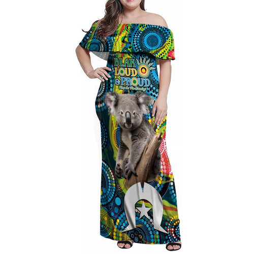 Personalised Vivid Minimal Koala Family Matching Off Shoulder Maxi Dress and Hawaiian Shirt NAIDOC 2024 Aboriginal Art Style No2