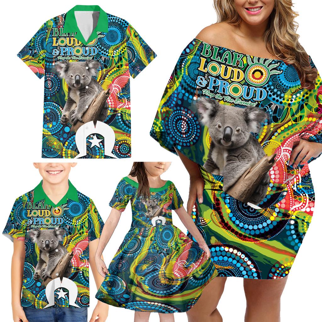 Personalised Vivid Minimal Koala Family Matching Off Shoulder Short Dress and Hawaiian Shirt NAIDOC 2024 Aboriginal Art Style No2