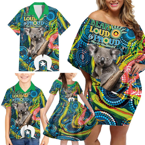 Personalised Vivid Minimal Koala Family Matching Off Shoulder Short Dress and Hawaiian Shirt NAIDOC 2024 Aboriginal Art Style No2