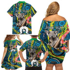 Personalised Vivid Minimal Koala Family Matching Off Shoulder Short Dress and Hawaiian Shirt NAIDOC 2024 Aboriginal Art Style No2