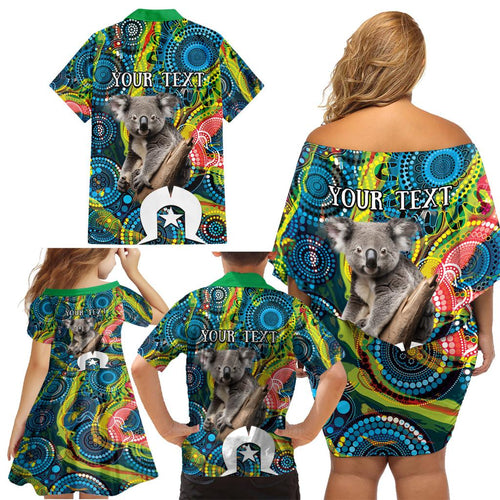Personalised Vivid Minimal Koala Family Matching Off Shoulder Short Dress and Hawaiian Shirt NAIDOC 2024 Aboriginal Art Style No2