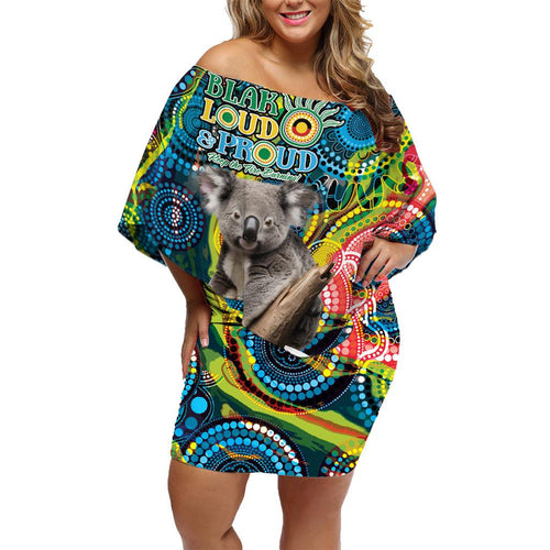 Personalised Vivid Minimal Koala Family Matching Off Shoulder Short Dress and Hawaiian Shirt NAIDOC 2024 Aboriginal Art Style No2