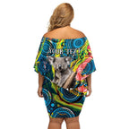 Personalised Vivid Minimal Koala Family Matching Off Shoulder Short Dress and Hawaiian Shirt NAIDOC 2024 Aboriginal Art Style No2