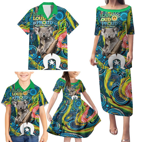 Personalised Vivid Minimal Koala Family Matching Puletasi and Hawaiian Shirt NAIDOC 2024 Aboriginal Art Style No2