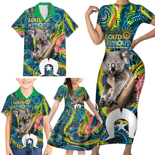 Personalised Vivid Minimal Koala Family Matching Short Sleeve Bodycon Dress and Hawaiian Shirt NAIDOC 2024 Aboriginal Art Style No2