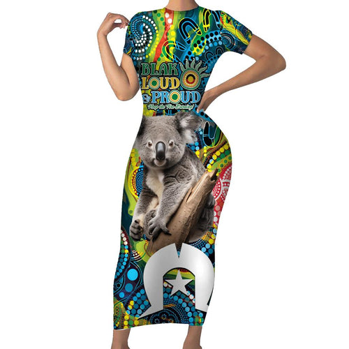 Personalised Vivid Minimal Koala Family Matching Short Sleeve Bodycon Dress and Hawaiian Shirt NAIDOC 2024 Aboriginal Art Style No2