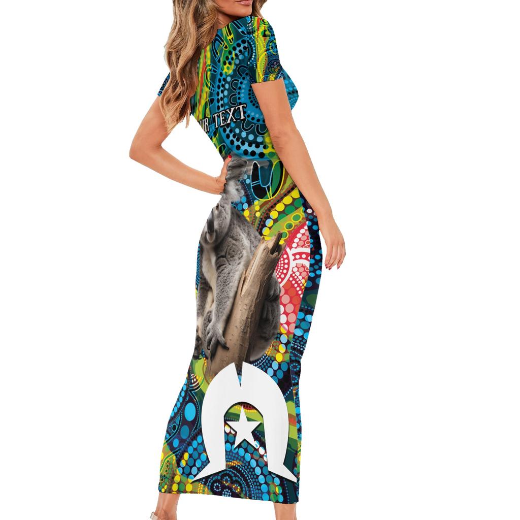 Personalised Vivid Minimal Koala Family Matching Short Sleeve Bodycon Dress and Hawaiian Shirt NAIDOC 2024 Aboriginal Art Style No2