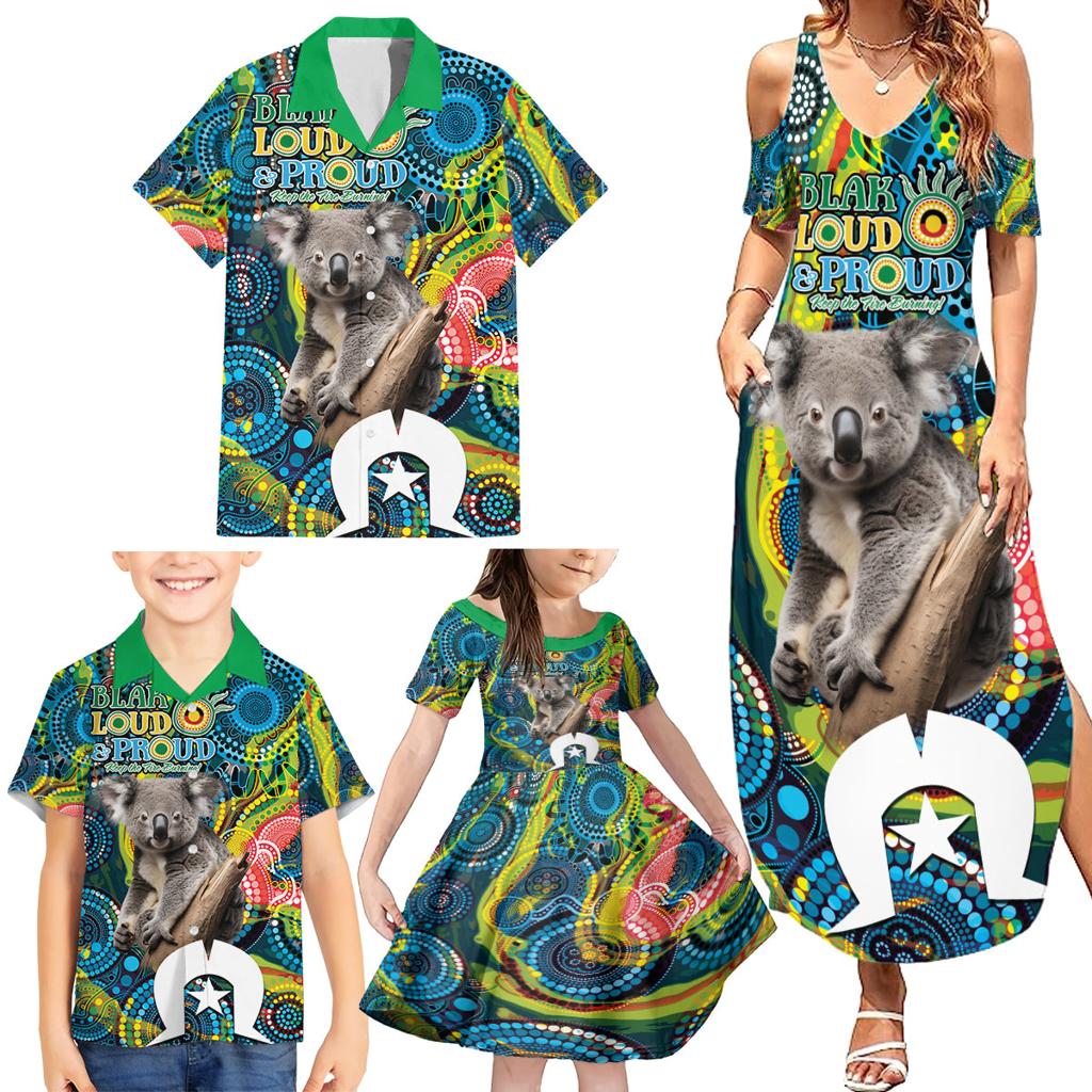 Personalised Vivid Minimal Koala Family Matching Summer Maxi Dress and Hawaiian Shirt NAIDOC 2024 Aboriginal Art Style No2