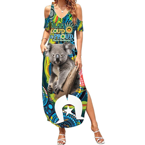 Personalised Vivid Minimal Koala Family Matching Summer Maxi Dress and Hawaiian Shirt NAIDOC 2024 Aboriginal Art Style No2