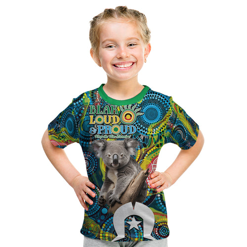 Personalised Vivid Minimal Koala Kid T Shirt NAIDOC 2024 Aboriginal Art Style No2