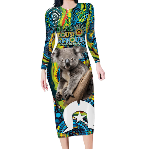 Personalised Vivid Minimal Koala Long Sleeve Bodycon Dress NAIDOC 2024 Aboriginal Art Style No2