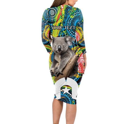 Personalised Vivid Minimal Koala Long Sleeve Bodycon Dress NAIDOC 2024 Aboriginal Art Style No2