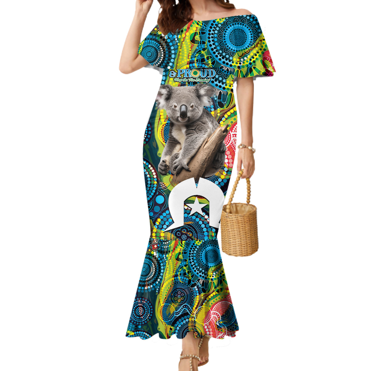 Personalised Vivid Minimal Koala Mermaid Dress NAIDOC 2024 Aboriginal Art Style No2