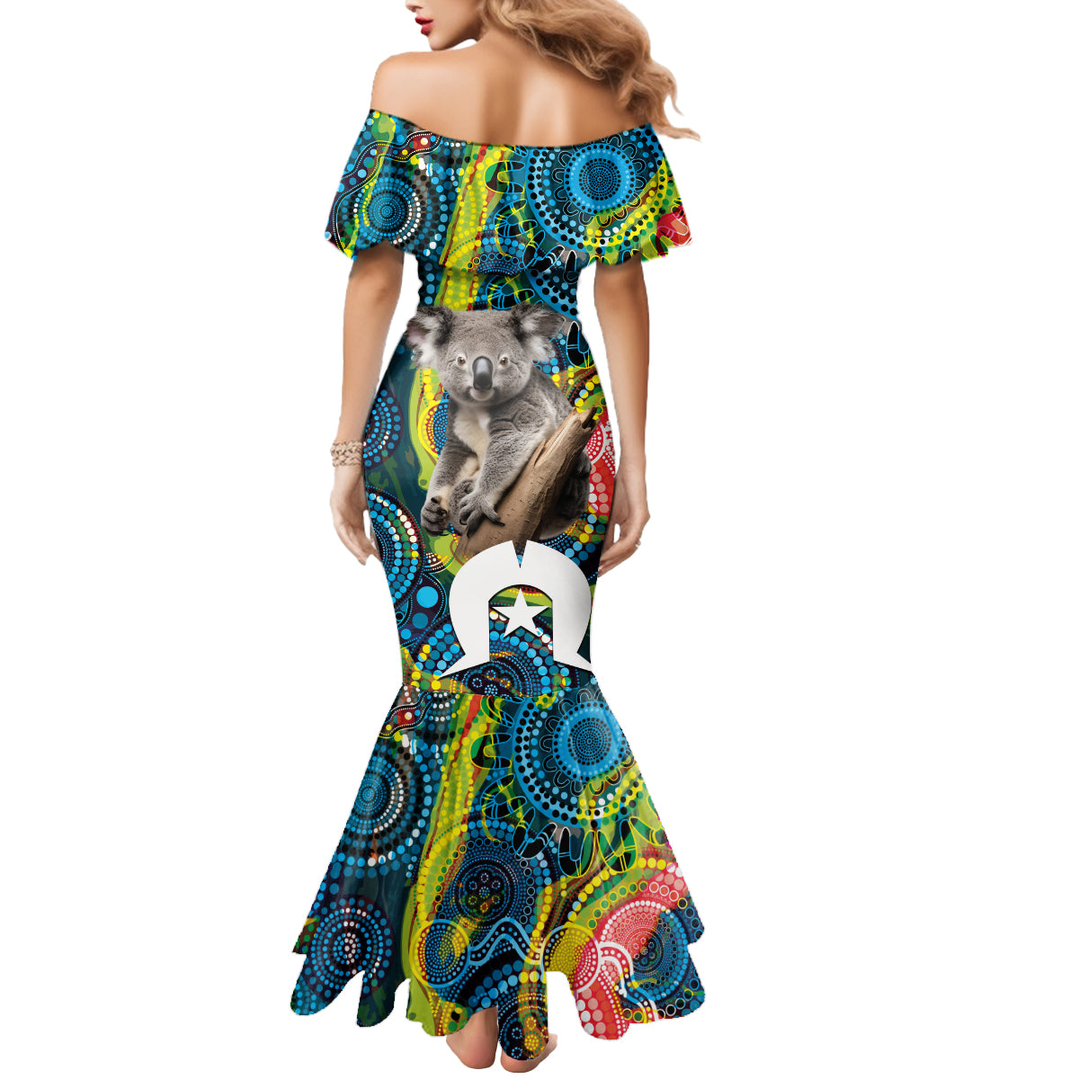 Personalised Vivid Minimal Koala Mermaid Dress NAIDOC 2024 Aboriginal Art Style No2