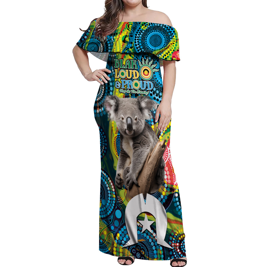 Personalised Vivid Minimal Koala Off Shoulder Maxi Dress NAIDOC 2024 Aboriginal Art Style No2
