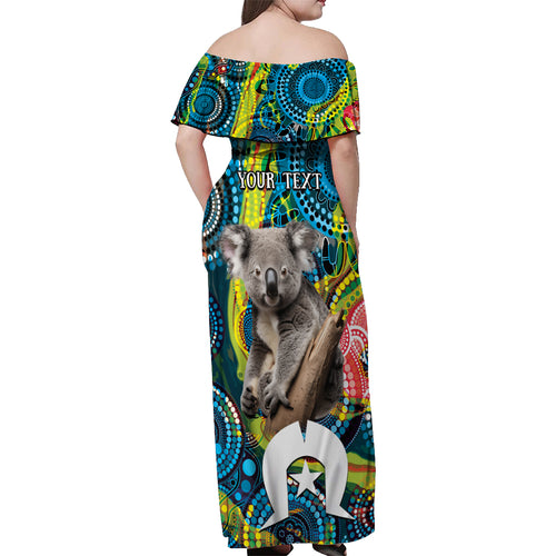 Personalised Vivid Minimal Koala Off Shoulder Maxi Dress NAIDOC 2024 Aboriginal Art Style No2