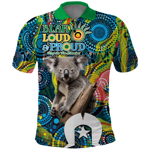 Personalised Vivid Minimal Koala Polo Shirt NAIDOC 2024 Aboriginal Art Style No2