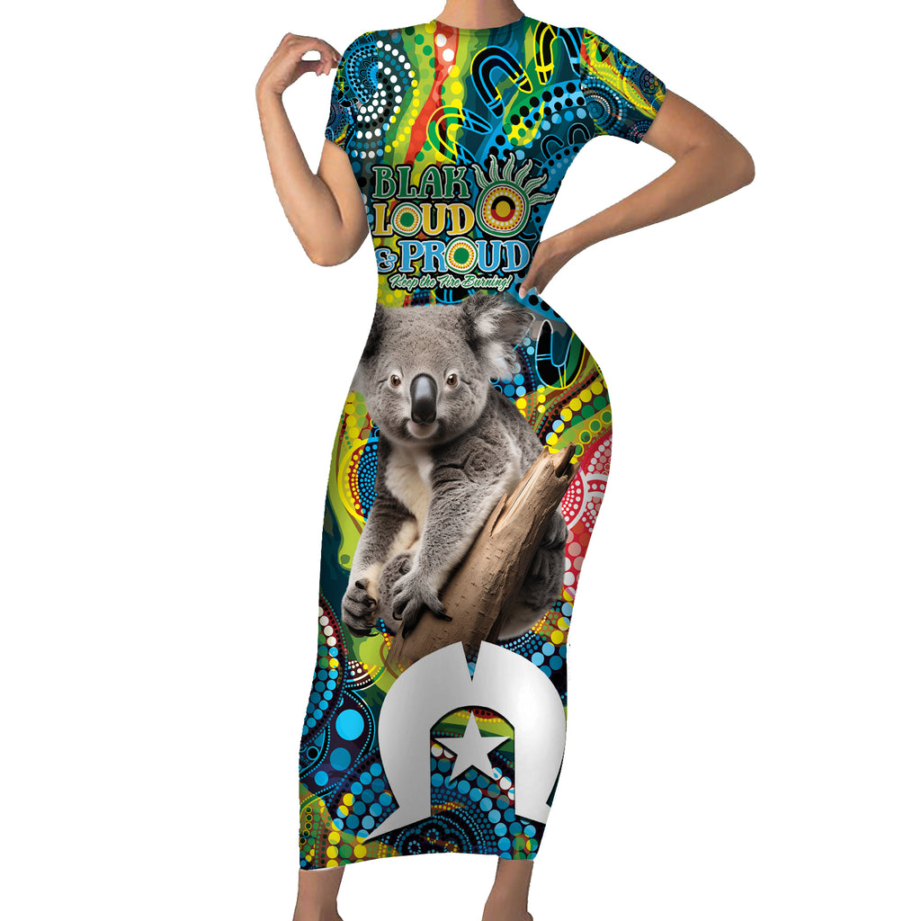 Personalised Vivid Minimal Koala Short Sleeve Bodycon Dress NAIDOC 2024 Aboriginal Art Style No2