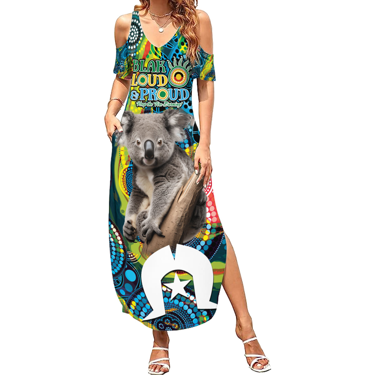 Personalised Vivid Minimal Koala Summer Maxi Dress NAIDOC 2024 Aboriginal Art Style No2