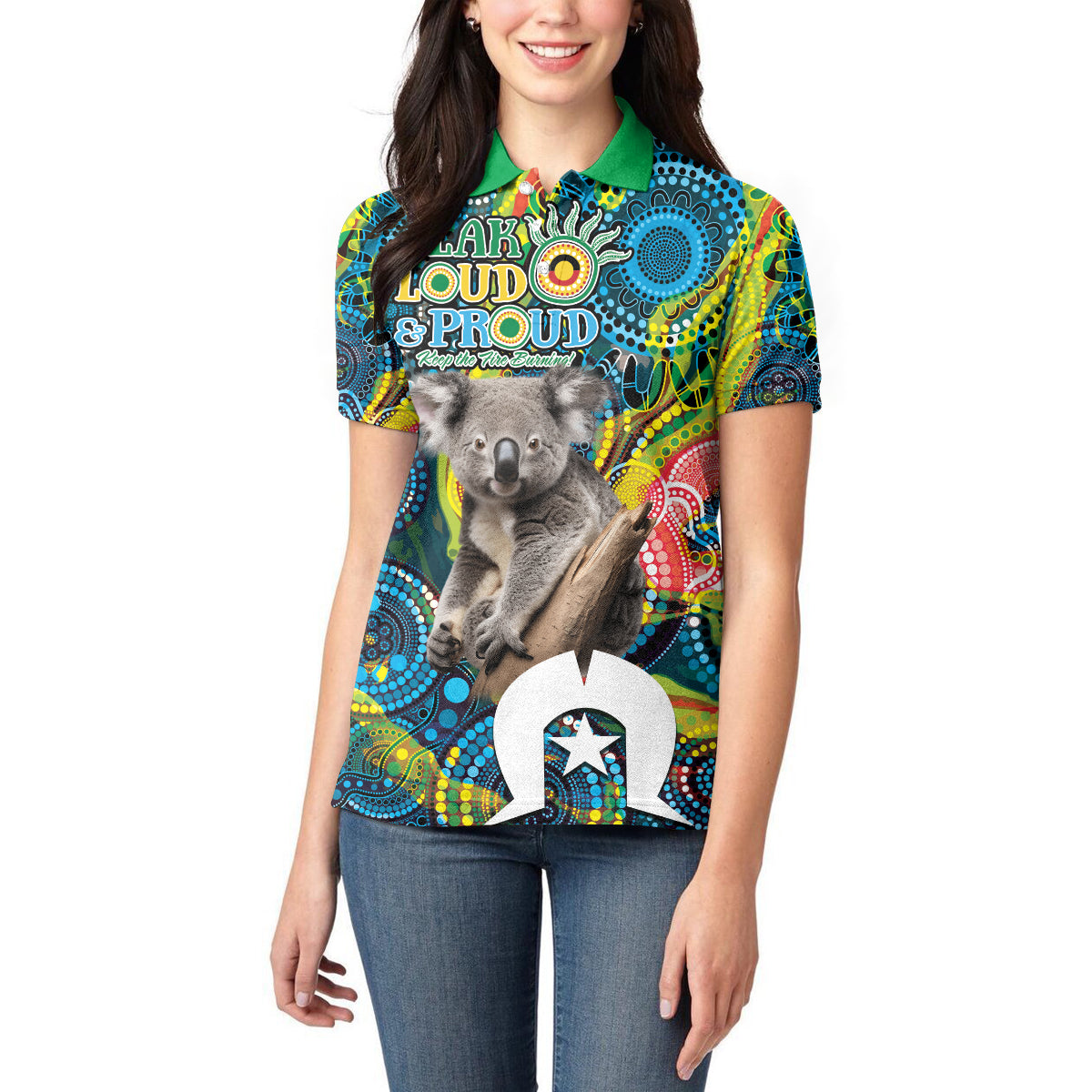 Personalised Vivid Minimal Koala Women Polo Shirt NAIDOC 2024 Aboriginal Art Style No2