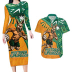 Custom Australia Rugby Wallaroos Couples Matching Long Sleeve Bodycon Dress and Hawaiian Shirt Indigenous Aboriginal Pacific Champions