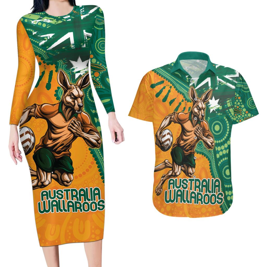 Custom Australia Rugby Wallaroos Couples Matching Long Sleeve Bodycon Dress and Hawaiian Shirt Indigenous Aboriginal Pacific Champions