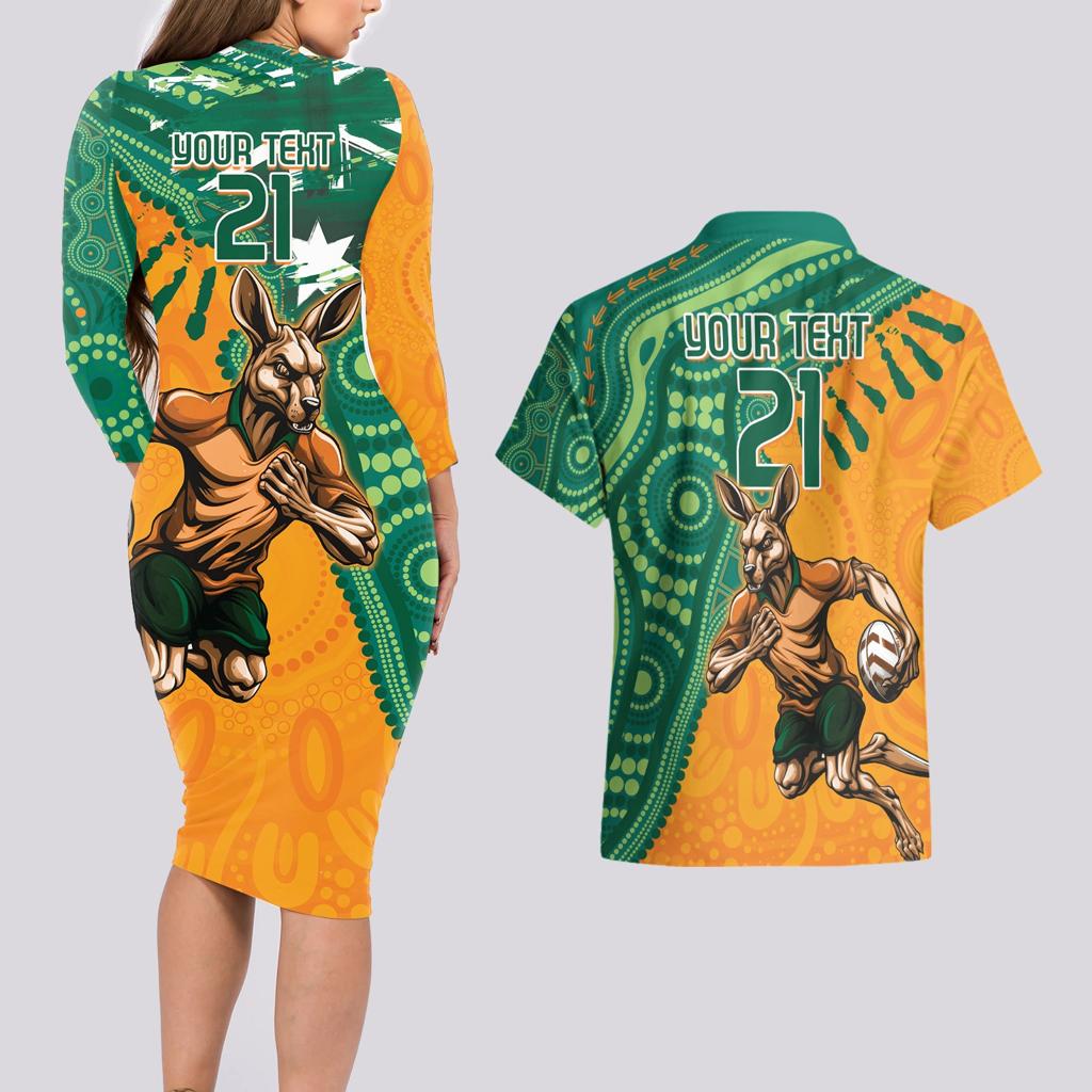 Custom Australia Rugby Wallaroos Couples Matching Long Sleeve Bodycon Dress and Hawaiian Shirt Indigenous Aboriginal Pacific Champions
