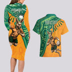 Custom Australia Rugby Wallaroos Couples Matching Long Sleeve Bodycon Dress and Hawaiian Shirt Indigenous Aboriginal Pacific Champions