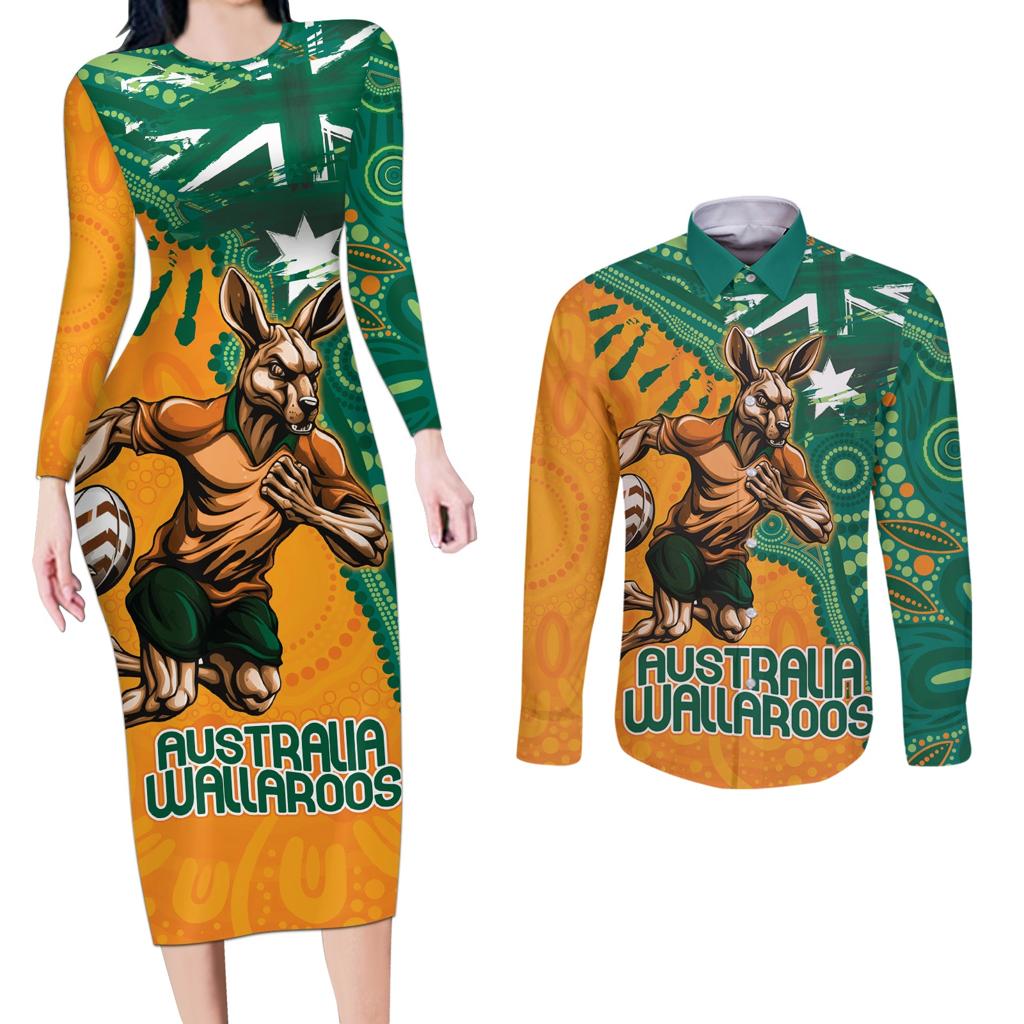 Custom Australia Rugby Wallaroos Couples Matching Long Sleeve Bodycon Dress and Long Sleeve Button Shirt Indigenous Aboriginal Pacific Champions